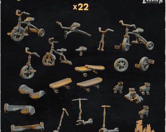May include: A collection of miniature children's transport toys, including tricycles, bicycles, skateboards, roller skates, hoverboards, and scooters. The text "CHILDREN'S TRANSPORT x22" is displayed at the top. The toys are all in a neutral gray color.