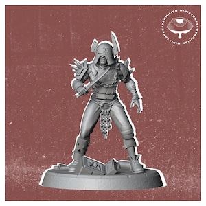 May include: A gray 3D printed miniature of a warrior figure wearing armor and holding a knife. The figure is standing on a base with a small box and other debris.