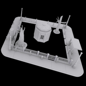 May include: A 3D-rendered model of a town square, featuring a gazebo, trees, streetlights, and a picket fence. The scene is set on a paved area with sidewalks and a road, all in a monochromatic color scheme.