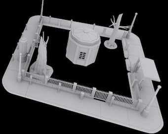 May include: A 3D-rendered model of a town square, featuring a gazebo, trees, streetlights, and a picket fence. The scene is set on a paved area with sidewalks and a road, all in a monochromatic color scheme.