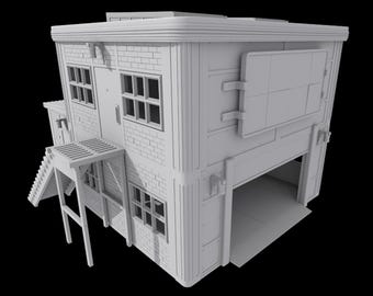 May include: A detailed, light gray model of a two-story building with a garage door, windows, and a small porch. The building has a brick facade and a flat roof. The model is set against a black background.