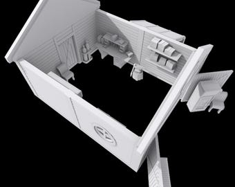 May include: A 3D model of a small, white, open-concept building with interior details. The model includes a desk, shelves with boxes, a chair, and a door. The building has a sloped roof and a round window. The model is set against a black background.