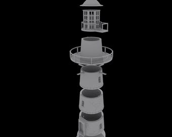 May include: A gray, exploded view of a lighthouse model, showing its components separated. The model includes a base with stairs, multiple cylindrical sections with windows, a circular balcony, and a top section with a small roof.