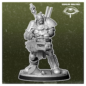May include: A gray, detailed miniature of a heavily armored, futuristic warrior holding a large, detailed chainsaw weapon. The miniature is standing on a circular base.