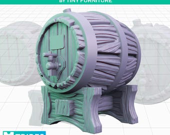 May include: A 3D-printed miniature beer barrel with the text "BIG BEER BARREL" and "BY TINY FURNITURE". The barrel is light green and purple, with a spigot and a wooden stand. The image also includes the text "TRIBES PATREON", "TINY FURNITURE DIGITAL", and "PRE SUPPORTED".