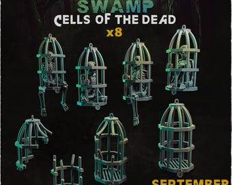 May include: An image featuring miniature cages with skeletons inside, labeled "Dead Swamp Cells of the Dead x8." The cages are gray-green, and the skeletons are white. The text "September Release" is also visible.