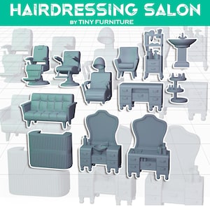 May include: A collection of miniature gray salon furniture, including chairs, a sofa, a desk, a sink, and a reception desk. The image also features a hair dryer chair and a shelf with beauty supplies. The text at the top reads "HAIRDRESSING SALON".