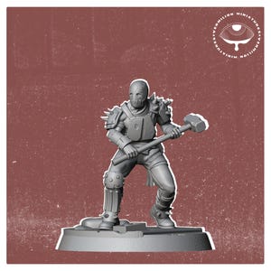May include: A gray plastic miniature figure of a person wearing a mask and armor, holding a hammer. The figure is standing on a round base.