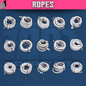 May include: A set of 12 different rope designs, each with a unique shape and texture. The ropes are all white and are arranged in a grid pattern. The word "ROPES" is written in large letters at the top of the image.