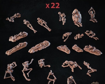 May include: A set of 22 miniature brown plastic skeletons in various poses, including lying down, sitting, and standing. The text "DEAD SKELETONS SET x22" is at the top, and "BASING BITS COLLECTION" is at the bottom.