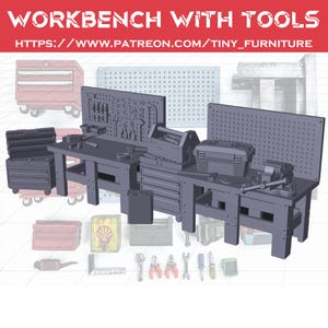 May include: A detailed image of a miniature workbench set with tools. The set includes a workbench, toolboxes, and various tools like wrenches, pliers, and screwdrivers. The text "WORKBENCH WITH TOOLS" and a website address are visible at the top.