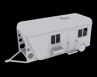May include: A light gray vintage travel trailer with rounded edges, windows, a door, and a hitch. The trailer has a small step and a vent on the roof. The trailer is set against a black background.