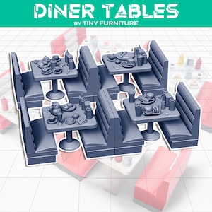 May include: Miniature diner tables with booths, featuring small plates, cups, and condiment bottles. The tables are square with a pedestal base, and the booths are grey. The text "DINER TABLES" and "BY TINY FURNITURE" are at the top.