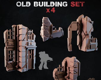May include: A set of four miniature, destroyed building models in shades of brown and tan. The text "DESTROYED OLD BUILDING SET X4" is at the top. The bottom of the image reads "BASING BITS COLLECTION".