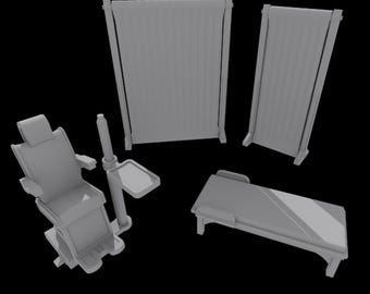 May include: A grayscale rendering of medical equipment, including a dental chair, a treatment table, and two privacy screens. The chair has a headrest and armrests. The table is rectangular. The screens are tall and narrow.