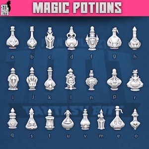 May include: A set of 19 different 3D printable potion bottles, labeled with letters a through r and q through o. The bottles are all white and have various shapes and designs.