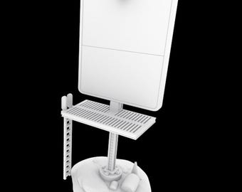 May include: A white retail display stand with a rectangular sign, a slatted shelf, and a base. The sign has a clip at the top. The stand is designed to hold and showcase products in a store setting.