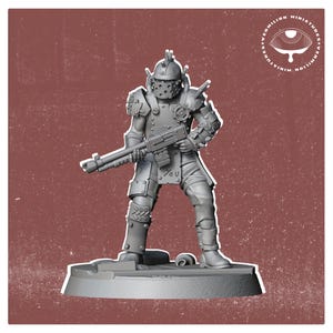 May include: A gray, detailed miniature figure of a futuristic soldier wearing a helmet and armor, holding a gun. The figure is standing on a round base.
