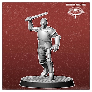 May include: A gray plastic miniature figure of a person wearing armor and holding a club. The figure is standing on a round base with a textured surface. The figure has a scarred face and a robotic leg.
