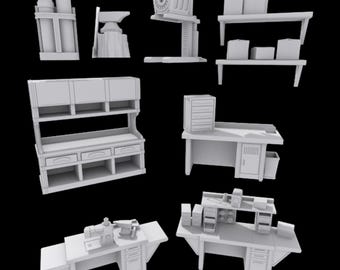 May include: A collection of miniature workshop models, including shelves with boxes, workbenches, a sewing machine table, and a welding setup. Other items include an anvil, a grinding machine, and gas cylinders. All items are rendered in a neutral, light color.