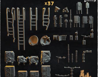 May include: A collection of 37 gray building elements, including ladders, satellite dishes, air conditioning units, and electrical components. The text "BUILDING ELEMENTS x37" is at the top, with "PRE-SUPPORTED" at the bottom.