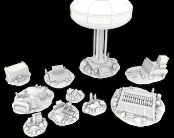 May include: A collection of white 3D-printed miniature terrain pieces, including a large domed structure on a pedestal, several small buildings, and scattered debris. The pieces are designed for tabletop gaming or model building.