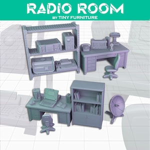 May include: Miniature grey radio room set by Tiny Furniture, including a desk, shelving unit, and various communication devices. The set features a desk with a chair, a laptop, and a bookshelf with books. The image also shows a satellite dish.