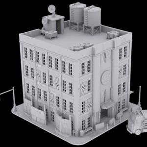 May include: A grayscale model of a multi-story building with numerous windows and a flat roof. The roof features water tanks, air conditioning units, and a small structure with an antenna. The building has a detailed facade and is set on a street corner.