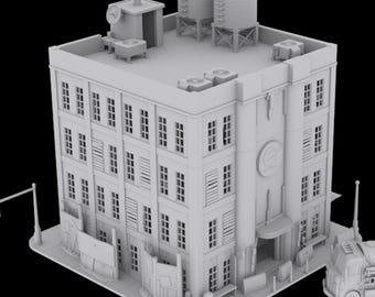 May include: A grayscale model of a multi-story building with numerous windows and a flat roof. The roof features water tanks, air conditioning units, and a small structure with an antenna. The building has a detailed facade and is set on a street corner.