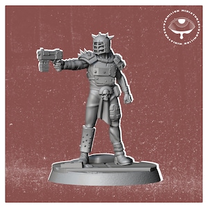 May include: A gray plastic miniature figure of a futuristic warrior wearing a helmet with a cage-like face mask, holding a gun in their right hand. The figure is standing on a round base.