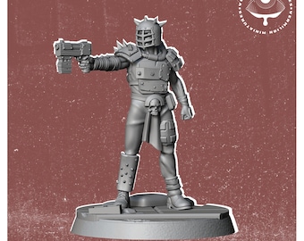 May include: A gray plastic miniature figure of a futuristic warrior wearing a helmet with a cage-like face mask, holding a gun in their right hand. The figure is standing on a round base.