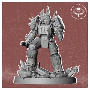 May include: A gray, detailed miniature of a robot wearing a helmet and holding a severed head. The robot is standing on a base with skulls and rocks.