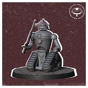 May include: A gray, robot-like figure with a brain-shaped head and a gun in its hand. The robot is on a gray base with a textured surface. The robot is a 3D printed miniature.