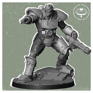 May include: A gray plastic miniature figure of a cyborg soldier with a large gun. The figure is wearing a helmet and has a mechanical arm. The figure is standing on a gray base.