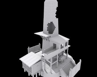 May include: A 3D model of a medieval-style tower with a conical roof, a partially destroyed upper section, and multiple levels. The structure includes a small building with a sloped roof, stairs, and a circular base.