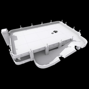 May include: A 3D model of a white, multi-level structure with a flat roof and a curved section. The model has a modern architectural design, featuring rectangular and curved elements. There is a hole in the roof. The background is black.