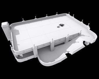 May include: A 3D model of a white, multi-level structure with a flat roof and a curved section. The model has a modern architectural design, featuring rectangular and curved elements. There is a hole in the roof. The background is black.