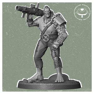May include: A gray plastic miniature figure of a humanoid creature with a large gun, wearing a tattered outfit and a metal arm. The figure is standing on a round base.