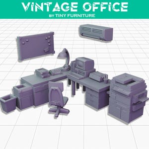 May include: A miniature vintage office set in shades of gray, including a desk, computer, printer, chair, and bulletin board. The text "VINTAGE OFFICE" and "BY TINY FURNITURE" are displayed at the top.