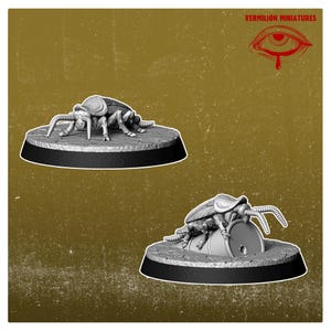 May include: Two grey, detailed, miniature plastic insect figures. One is standing on a round base, the other is crawling on a barrel. Both are on black bases.