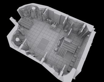May include: A detailed, grayscale 3D model of a futuristic interior space. The design features multiple rooms, gridded floors, and various architectural elements, including grates, pipes, and what appears to be a doorway. The overall aesthetic suggests a sci-fi or industrial theme.