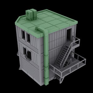 May include: A grey, three-storey building with a green roof and a fire escape. The building has a window with a broken pane and a vent on the roof.