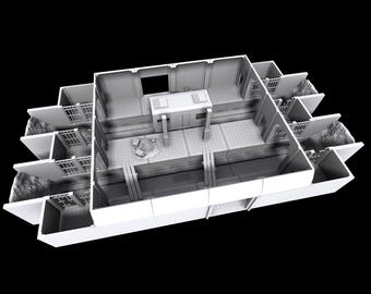 May include: A 3D model of a prison complex, rendered in grayscale. The design features multiple cells with barred windows, a central control area, and exterior rock formations. The overall structure is geometric and detailed.