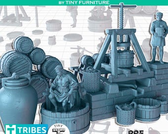May include: A gray miniature medieval winery set, featuring barrels, a wine press, figures, and baskets. The text "MEDIEVAL WINERY" and "BY TINY FURNITURE" are visible. The set includes a large vat and a figure sitting in a barrel.