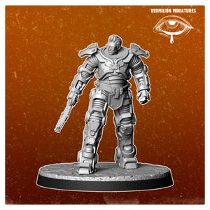 May include: A gray miniature figure of a futuristic soldier in detailed armor, holding a weapon. The figure stands on a circular base. The image has the text "VERMILION MINIATURES" and a stylized eye logo.