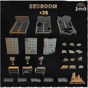 Könnte beinhalten: Eine Sammlung von Miniatur-Schlafzimmermöbelmodellen, darunter Betten, Kopfteile, Lampen, Nachttische und Kissen. Die Modelle sind in einer neutralen Farbe gehalten und scheinen beschädigt oder verwittert zu sein, mit dem Wort "BEDROOM" und "x29" oben.