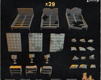 May include: A collection of miniature bedroom furniture models, including beds, headboards, lamps, nightstands, and pillows. The models are in a neutral color and appear to be damaged or weathered, with the word "BEDROOM" and "x29" at the top.