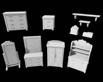 May include: A collection of miniature white furniture pieces, including a dresser with eight drawers, a nightstand, a wardrobe, a vanity with a mirror, a bookshelf, and a bench. The furniture is set against a black background.