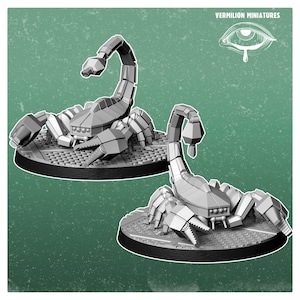 May include: Two grey, unpainted miniature scorpion figures with segmented bodies, large pincers, and raised stingers, each mounted on a circular base with a textured, industrial-style grid pattern. The text Vermilion Miniatures is visible.