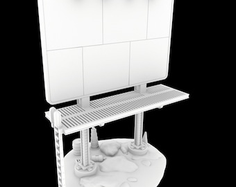 May include: A white, miniature billboard model with four blank display panels. The model includes a platform, support columns, and a ladder. The base features stylized rocks and industrial elements, all rendered in a monochromatic white.